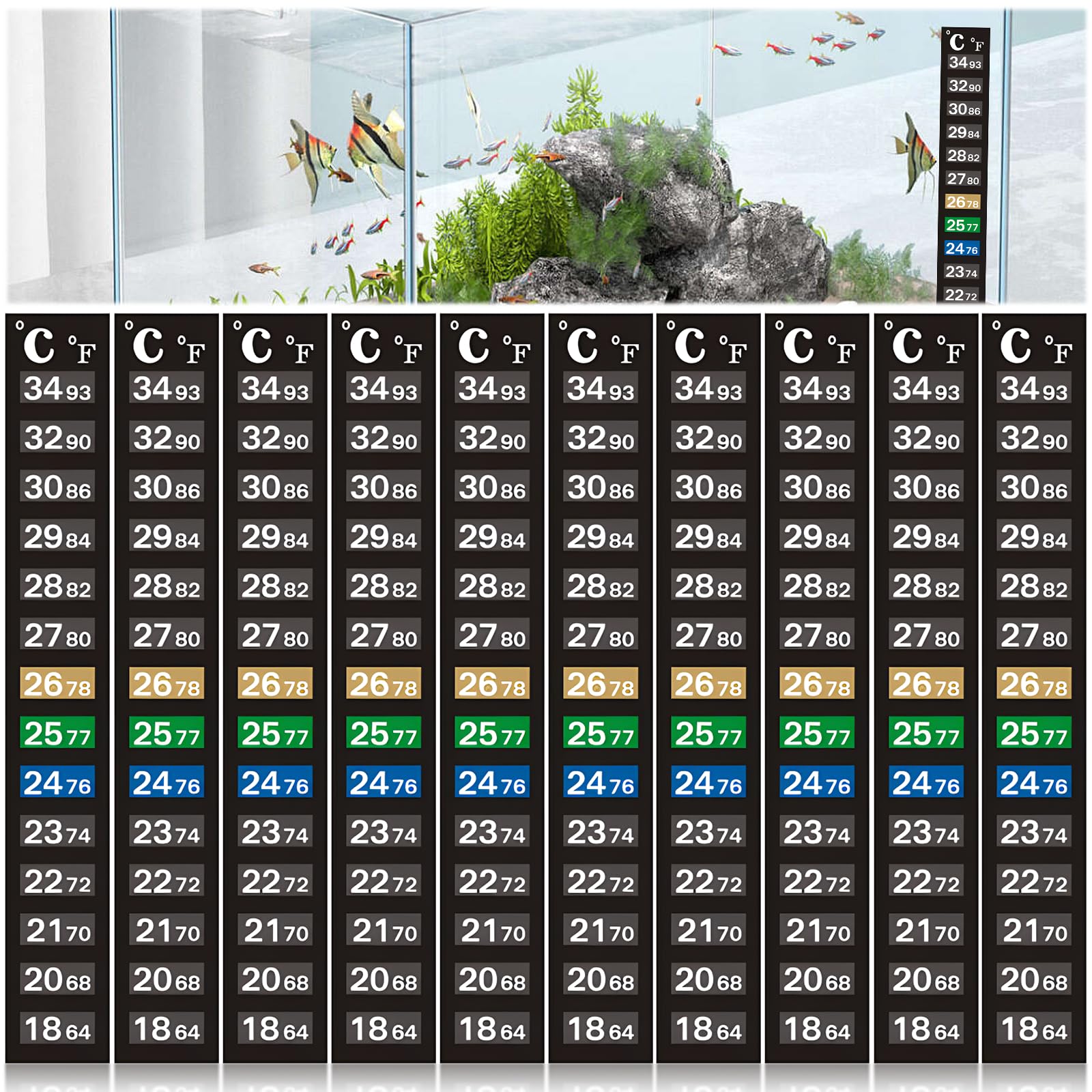10 Pcs Stick-on LCD Thermometer, Adhesive 18 - 34℃/64 - 93℉ Room Aquarium Homebrew Thermometer Strip - Liquid Crystal Display