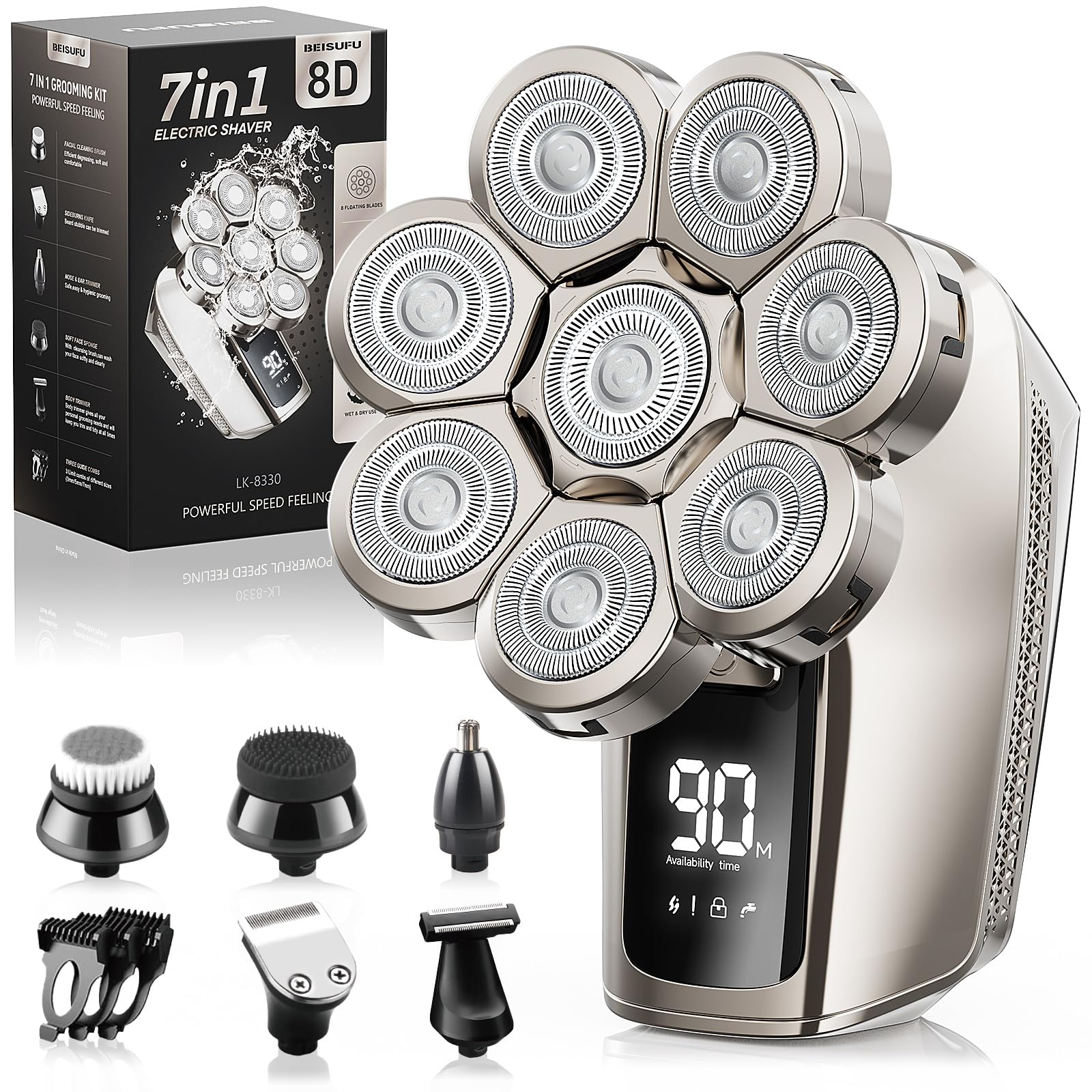 Guong 8D Head Shavers for Men, 7 in 1 Rotating Electric Shavers for Bald Men, Waterproof Wet/Dry Electric Razor Beard Grooming Kit with LED Display, Rechargeable Bald Head Razor