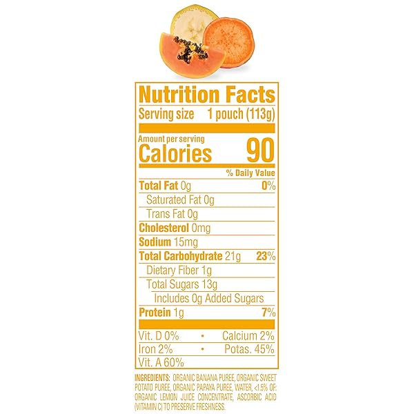HAPPY BABY ORGANICS STAGE 2 BABY FOOD POUCHES, GLUTEN FREE, VEGAN & HEALTHY SNACK, CLEARLY CRAFTED FRUIT & VEGGIE PUREE, BANANAS, SWEET POTATOES & PAPAYAS, 4 OUNCES (PACK OF 16)