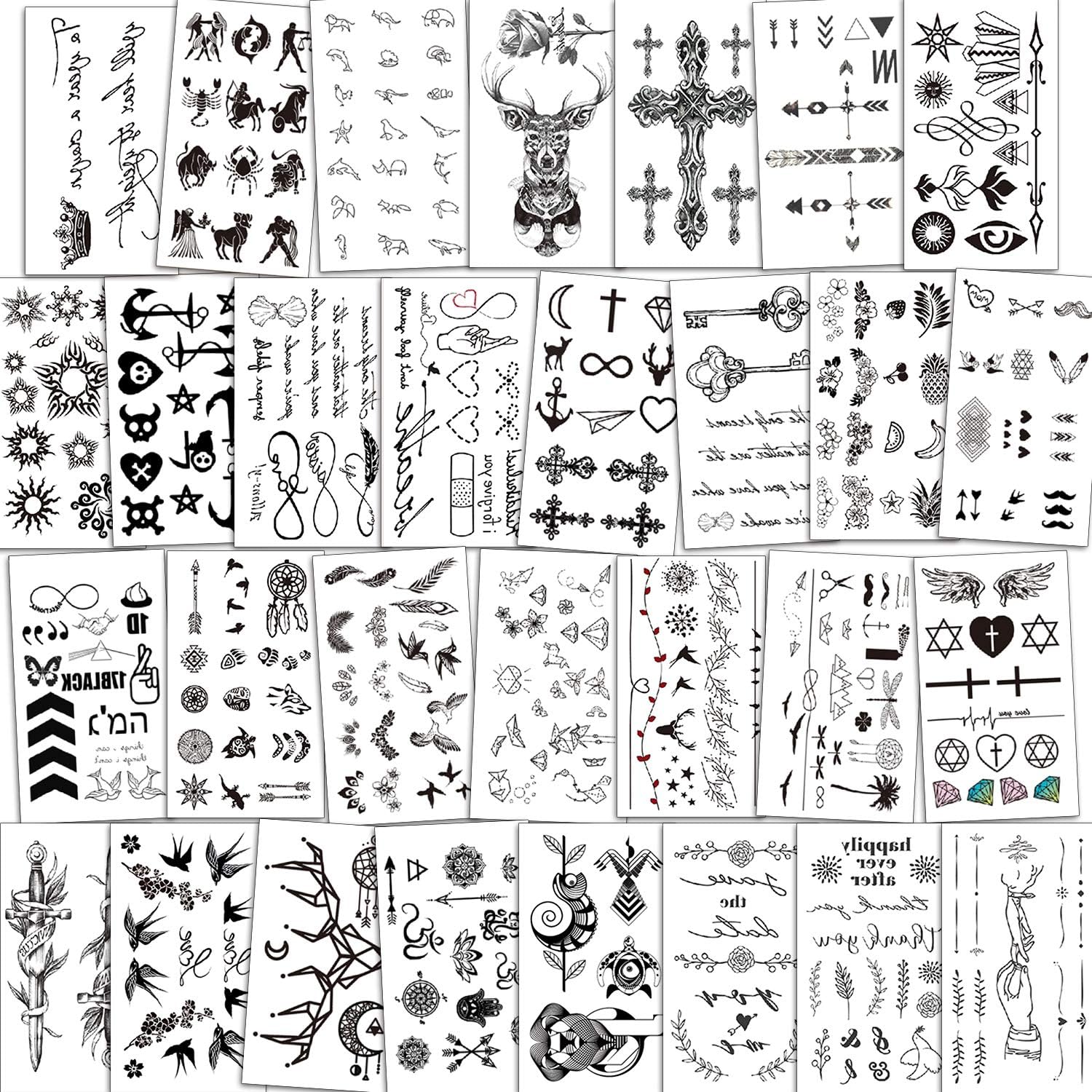 Konsait Temporary Tattoos for Women Girls Men Boys Kids(30 Sheets), Black Tiny Waterproof Temporary Tattoo Fake Tattoos Body Art Sticker Hand Neck Wrist Cover Up Set