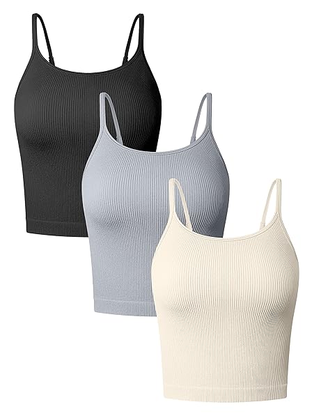 OQQ WOMEN’S 3 PIECE TANK SHIRT RIBBED ADJUSTABLE SPAGHETTI STRIPS WORKOUT YOGA CROP, BLACK GREY BEIGE, LARGE