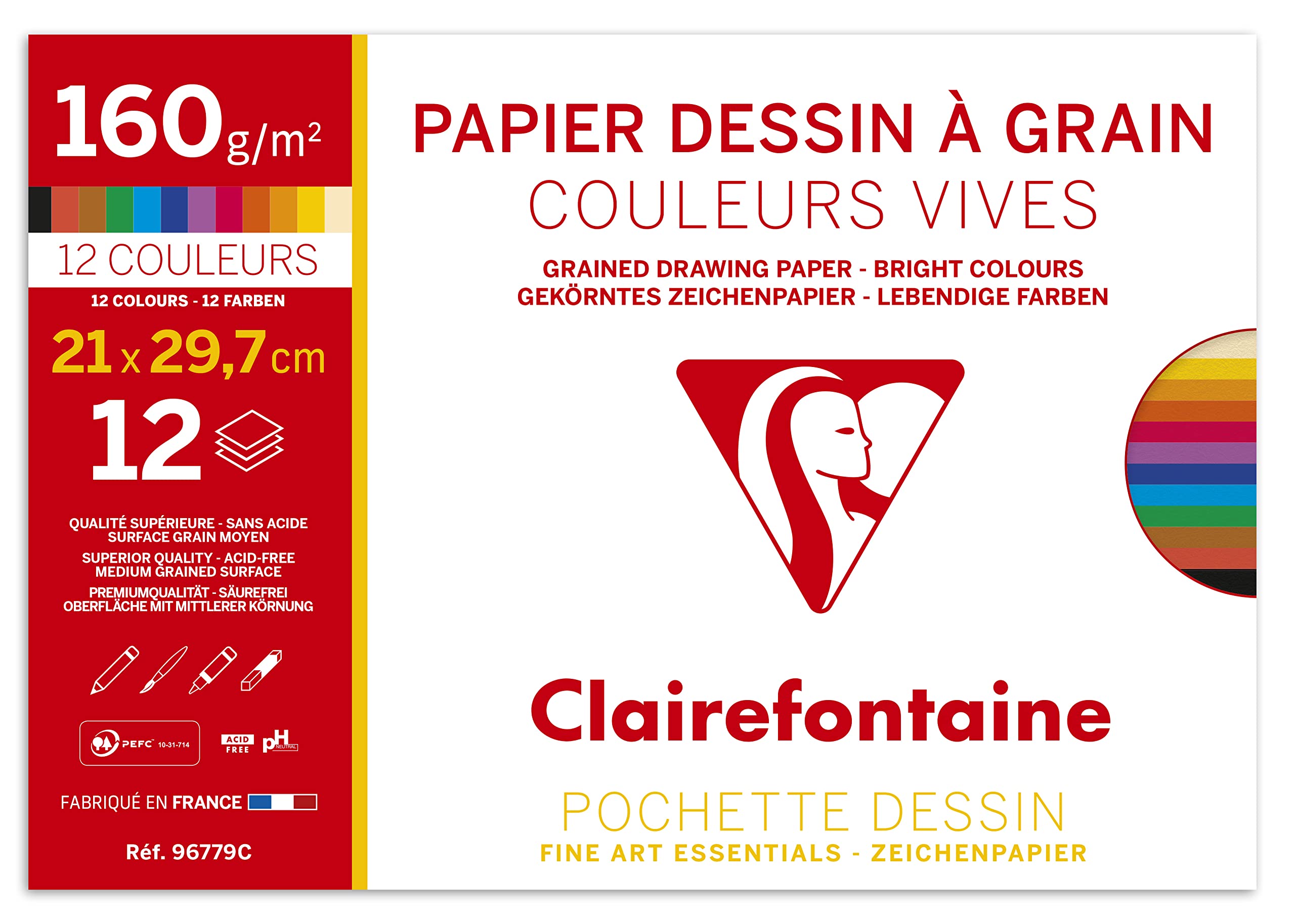 Clairefontaine - Ref 96779C - Grained Drawing Paper (Pack of 12 Sheets) - A4 (29.7 x 21cm) Size, 160gsm Paper, Acid Free - Light Grain Side & Heavy Grain Side - Assorted Bright Colours