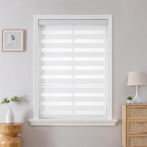 Joydeco Cordless Zebra Blinds for Windows, Dual Layer Light Control Window Blinds with Light-Proof Aluminum Cover, Free-Stop Roller Shades for Home & Office (White,34" W x 75" H)