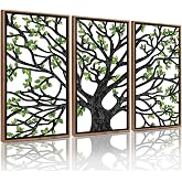 CHDITB 3Pcs Tree Of Life Framed Wall Art 16x32 Inch | Wooden Modern Boho Green Leaves Nature Artwork with PS Frame, Easy to Mount and Hang, Decor for Living Room Bedroom Office