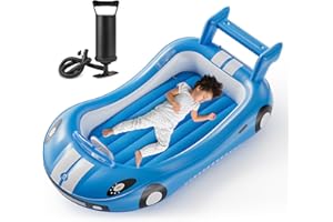 QPAU Inflatable Toddler Travel Bed, Kids Air Mattress with Safety Bed Rail, Portable Blow Up Mattress with Hand Pump for Camp