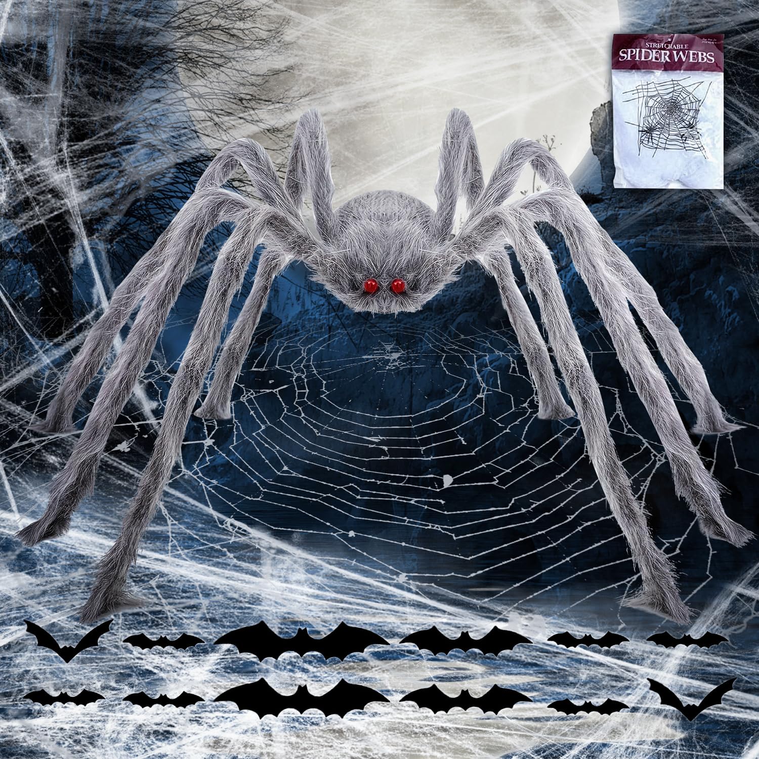 Halloween Decoration Giant Spider, 1.52 m Spider XXL with 12 Bats and 60 g Spider Cotton, Giant Spider Halloween Outdoor, Halloween Decoration Large, Plush Decoration Ration Spider for Garden, Party
