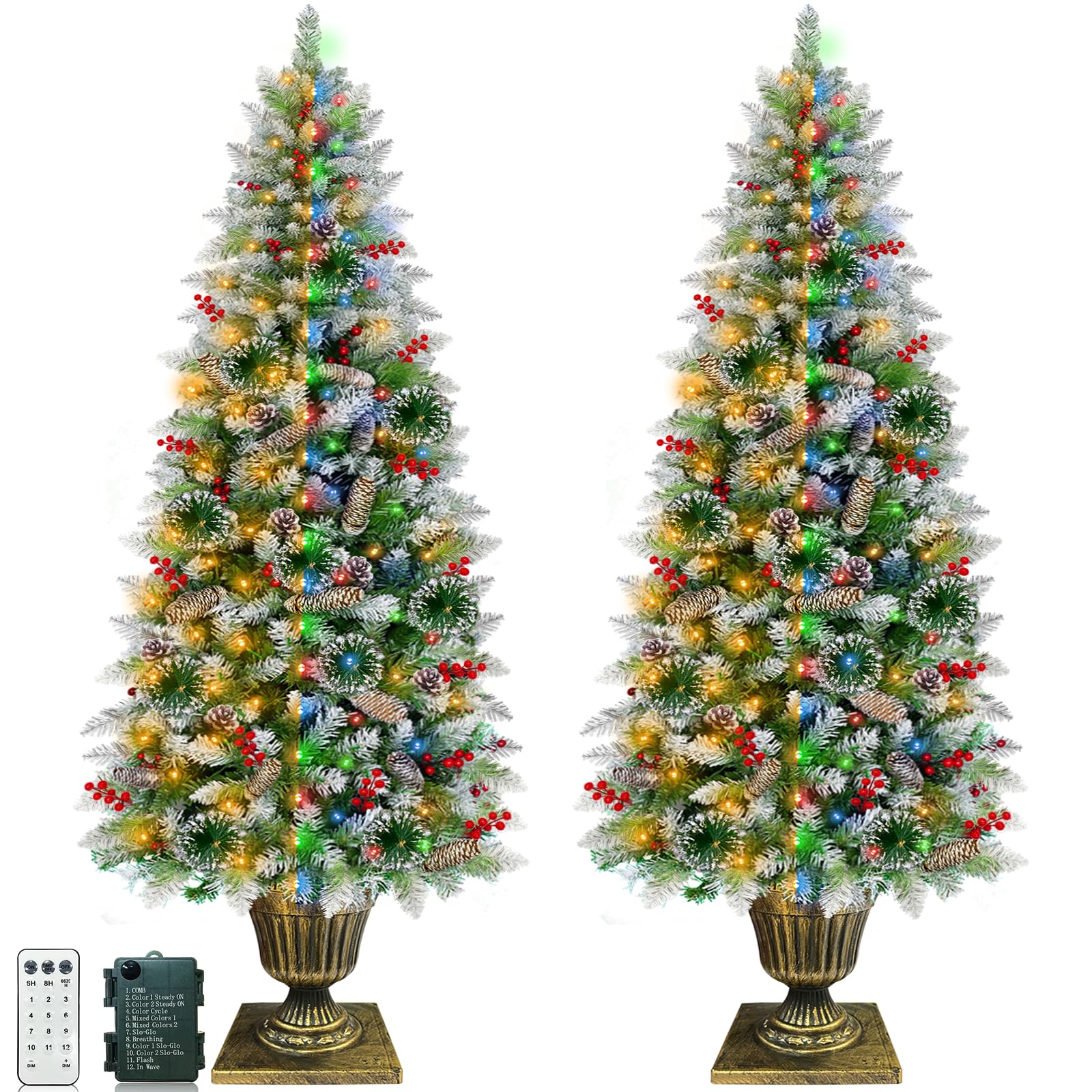 Photo 1 of 2 Pack 4FT Snowy Artificial Potted Christmas Entrance Tree -3 Mode Timer 80 Warm White&Multi Color Change Light 12 Mode Remote 15 Pinecone 105 Red Berries Battery Powered Fraser-Look Fir Outdoor Porch