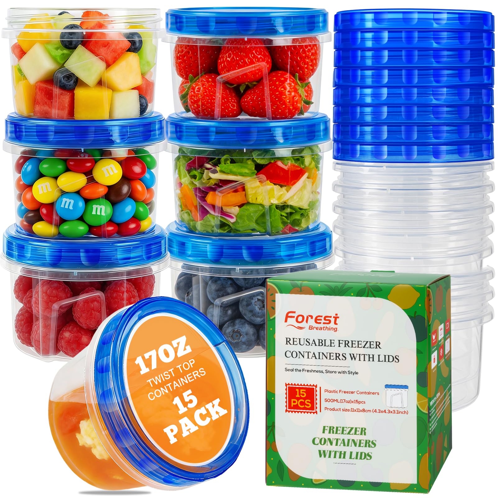 Photo 1 of 15 Pack 17oz Reusable Freezer Storage Containers with Twist Top Lids Airtight, Small Plastic Food Storage Containers for Meal Prep Leftover Lunch Fruit Salad, Soup Container Microwave Freezer Safe