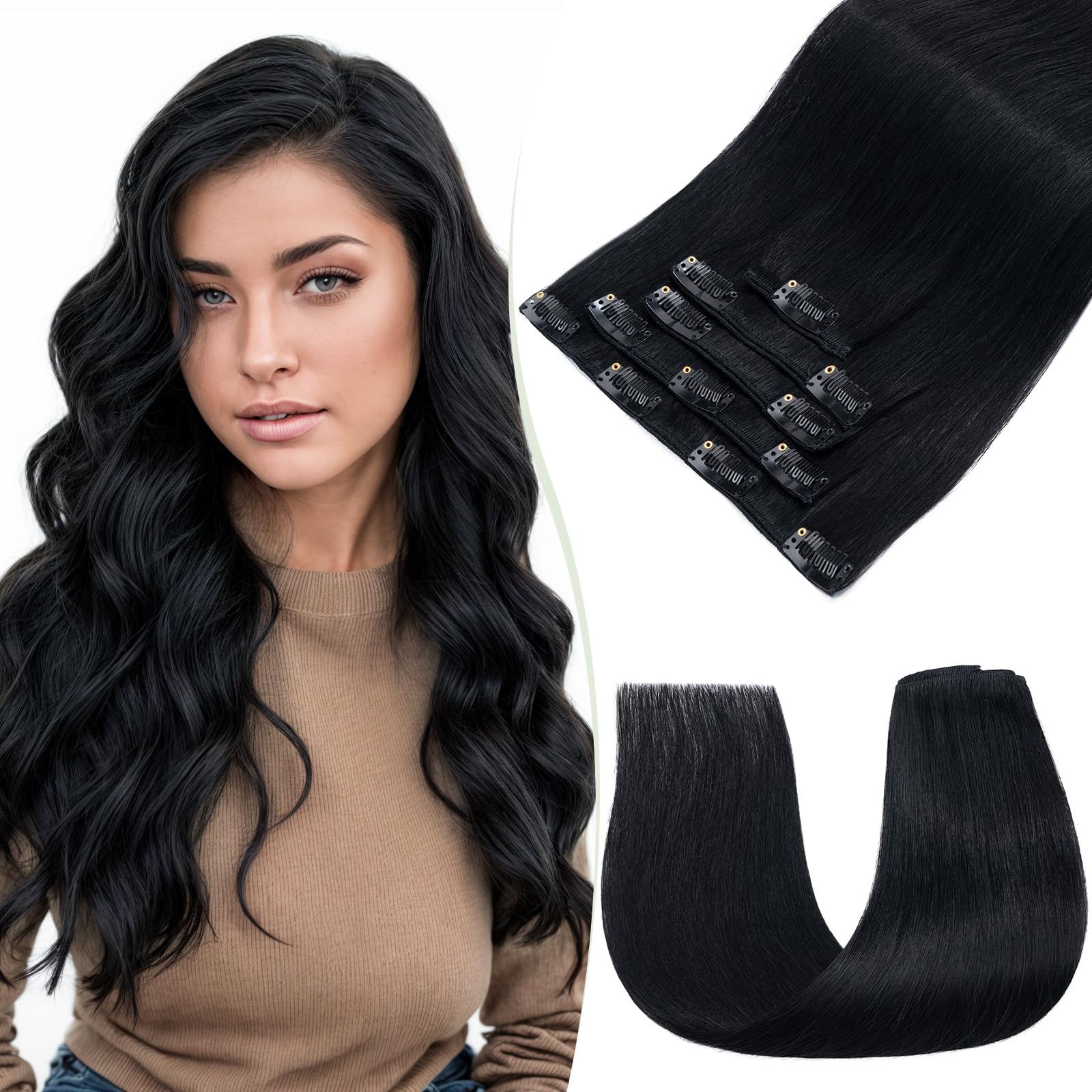 TESS Human Hair Extensions Clip in Real Hair Black Remy 5 Pieces Straight Natural Hairpieces for Women/Girls (#01 Jet Black, 16 Inch 60g) â image 1