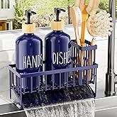 Cisily Navy Blue Kitchen Dish Soap Dispenser, 16 fl Oz Dual Kitchen Soap Dispensers with Sponge Holder, Customized Stainless Steel Kitchen Soap Dispenser Set, Modern Hand and Dish Soap Bottle Set