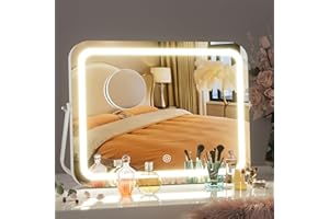 Hasipu Vanity Mirror with Lights, 14" x 10" LED Makeup Mirror, 3 Modes Light, Smart Touch Control Dimmable, 360°Rotation, Rectangle White Frame, with 5X Magnifying Glass