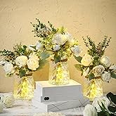 Tiangrid 3 Sets Artificial Flowers in Vase Wedding Faux Silk Roses Flower with Vase and LED String Light White Fake Flower Arrangement for Table Centerpieces Spring Home Dining Bathroom Kitchen Decor