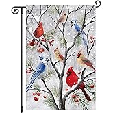 Louise Maelys Winter Cardinal Garden Flag Snowy Pine Tree 12x18 Inch Double Sided Welcome Holiday Christmas Xmas Seasonal Small Burlap Yard Sign Outside Outdoor House Decoration