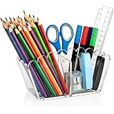 Novacrylion Clear Acrylic Pen Holder,2-Compartment Scalloped Desk Caddy | Space-saving stylish desktop decor, ideal present for back-to-school prep ,Office, Vanity&ndash;Makeup Brush &amp; Pencil Organizer