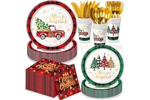 LINHAXM 175 PCS Christmas Party Supplies Red and Green Plaid Tree Disposable Paper Dinner Plates, Dessert Plates, Napkins, Cutlery for Merry Christmas Party Decorations, Serve 25