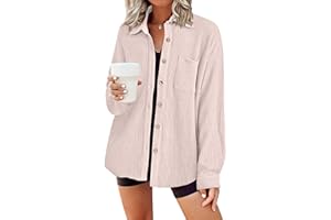 HOTOUCH Waffle Button Down Shirts for Women Dressy Casual Work Shacket V Neck Long Sleeve Lightweight Tops with Pocket