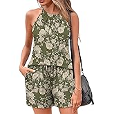 Rapbin 2 Piece Short Sets for Women Casual Vacation Summer Outfits Sleeveless Halter Tops Loose Fit