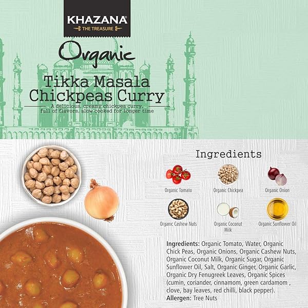 KHAZANA ORGANIC READY TO EAT MEALS – TIKKA MASALA CHICKPEAS CURRY (PACK OF 1, 10OZ POUCHES) – NON-GMO, VEGAN, GLUTEN FREE & KOSHER – AUTHENTIC INDIAN CUISINE IN 90 SECONDS!