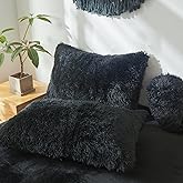 Black Faux Fur Pillow Covers, Fuzzy Fluffy Plush Furry Shaggy Pillow Cases for Bedroom décor, Soft Black Pillow Covers 26"x20" with Zipper Closure, Decorative Set of 2