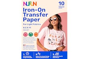 NuFun Activities Ink Jet Printable Iron-on Heat Transfer Paper for T Shirts, Light Fabrics, 10 Sheets 8.5 x 11 inch, Long Lasting, Durable, Professional Quality, Easy DIY, Non-Toxic, Made in The USA