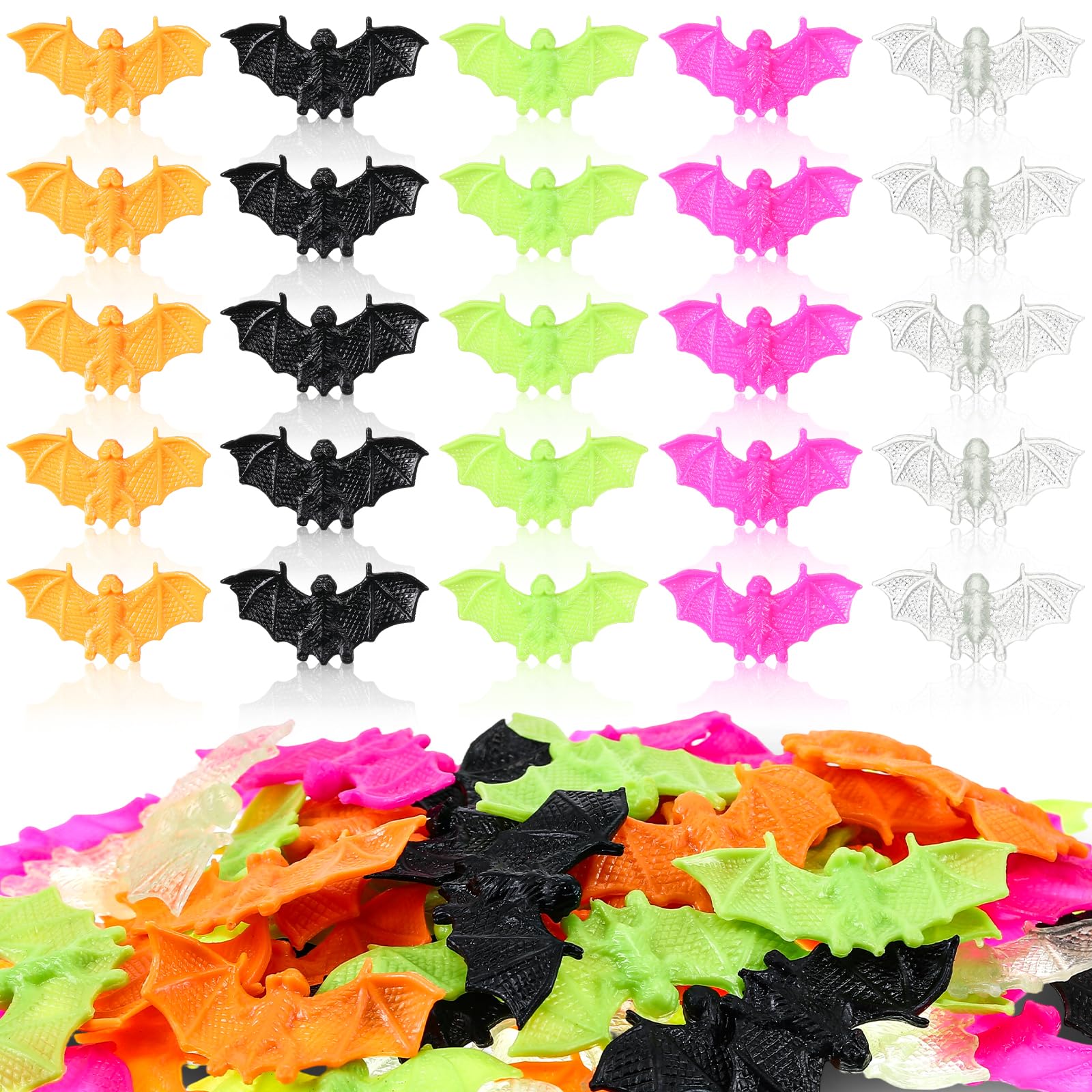 Photo 1 of Poen 300 Pcs Halloween Mini Plastic Bats Realistic Small Bats Multicolor Scary Toys Halloween Prank Props for Home Bar Party Table Decorations
