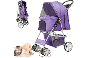 LPOTIUS Pet Stroller for Small Dogs and CatsQuick-Folding Portable Travel Cat Dog Stroller with Storage Basket and Cup Holder, 4 Wheels, Purple