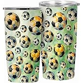 Soccer Tumbler 20 oz Vacuum Insulated Stainless Steel Skinny Travel Mug with Straw, BPA-Free Slide Lid, Watercolor Ball Pattern, Sweat-Free, Cup Holder Friendly Gift for Soccer Lovers