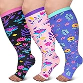 PAMAID Open Toe Compression Socks for Women 3 pairs Toeless Sock Wide Calf Knee High Support Sock