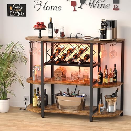 Unikito Wine Rack Table with Socket and LED Light, Floor Bar