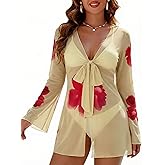 Blooming Jelly Womens Swimsuit Coverup Mesh Bathing Suit Cover Ups Swimwear Floral Long Sleeve Tie Summer Beach Dress