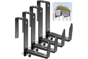 VOXOR Window Box Brackets, Adjustable Planter Box Brackets, Heavy Duty Iron Flower Box Bracket for Deck Railing with Upgraded Bottom Support - Ideal for Balconies, Fences, and Gardens (4 Pack)