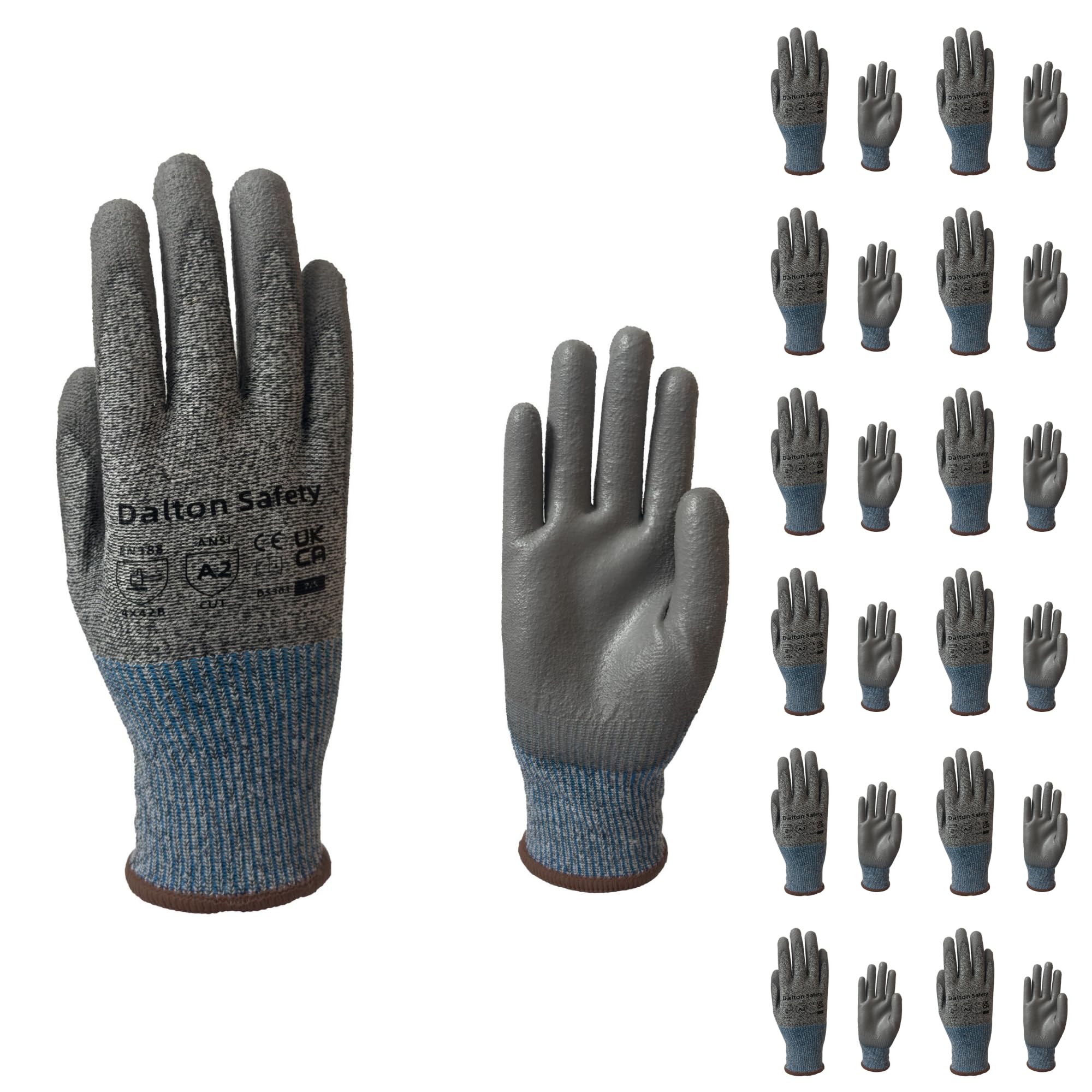 Dalton Safety 12 Pairs Of Large Cut Resistant Level 3 Work Gloves, HPPE Knitted Cuff, PU Coated Palm & Fingertips. Perfect For General Duty, Gardening, Glass Cutting & Sheet Metal Handling