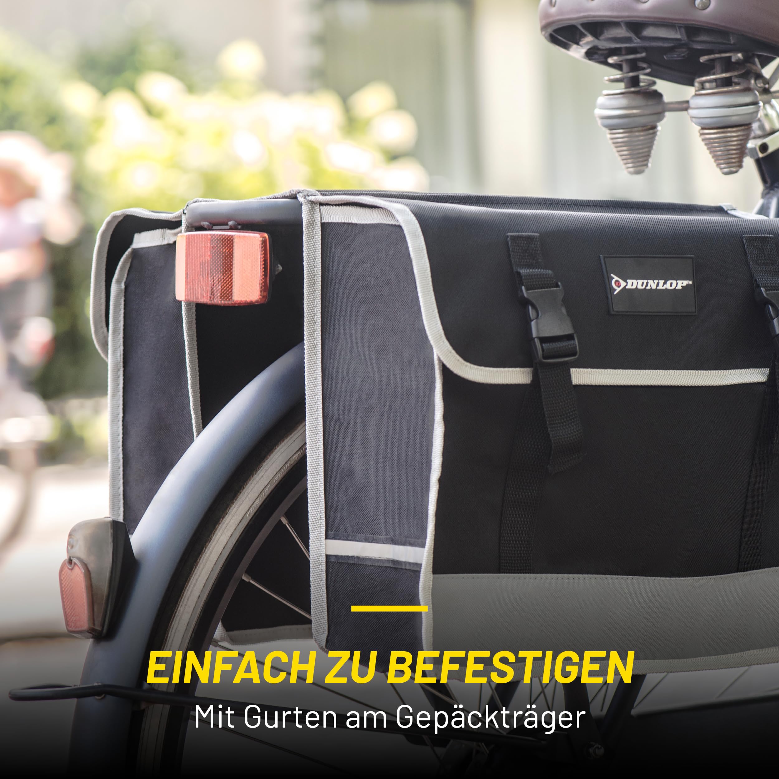 DUNLOP Fahrradtasche Doppel Wasserdicht - Gepäckträgertasche 36x30x12cm - Nylon Fahrradtaschen mit Reflektierenden Streifen für Sicherheit - Klettverschluss Einfach - Schwarz 6