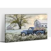 Framed Rustic Farmhouse Canvas Wall Art - 16x24 Inch Blue & White Wild Flower Painting, Vintage Nature Decor