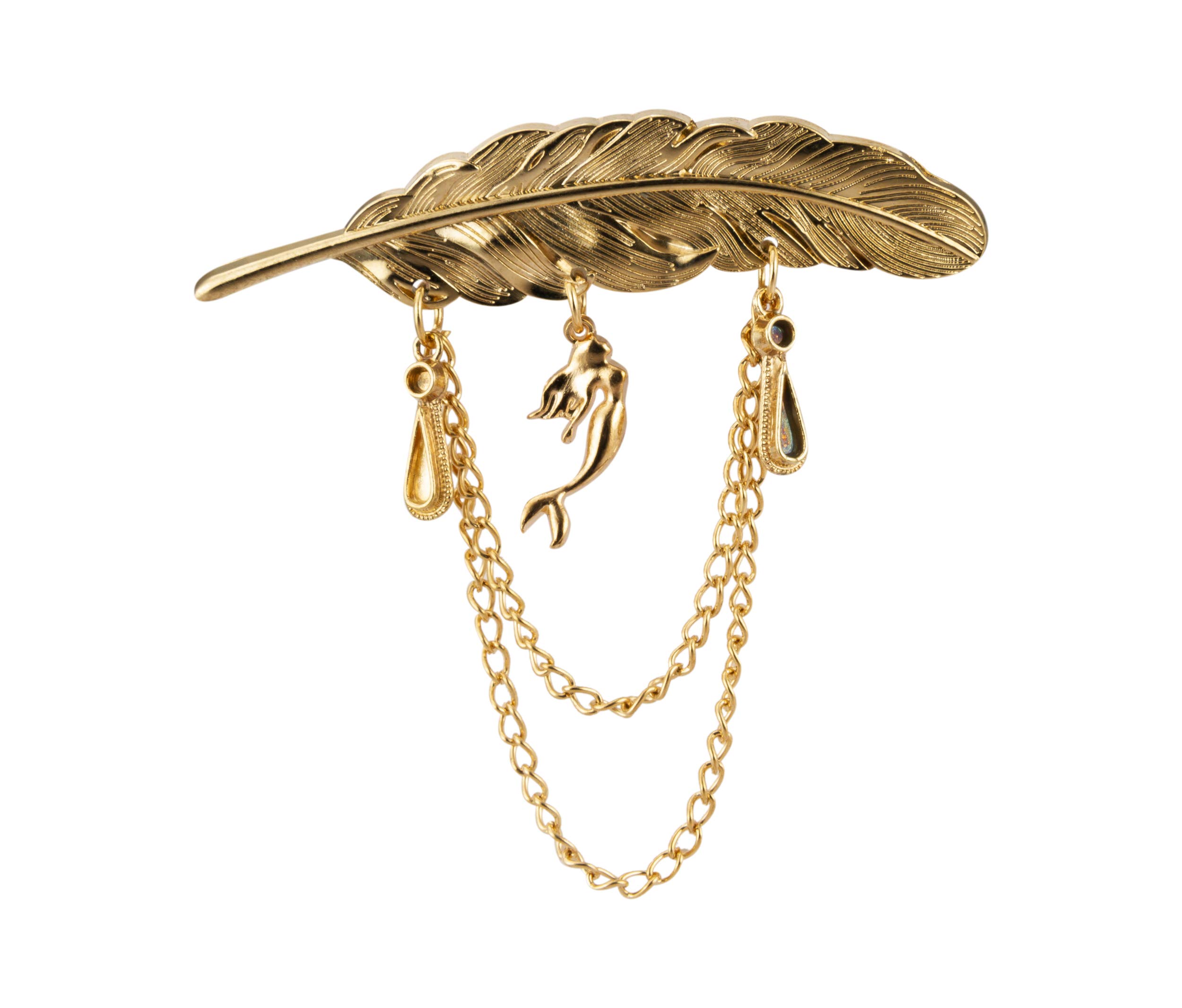 Brooch Lapel Pin for Men Golden Feather with Hanging Chain and Mermaid Detailing Lapel Pin Badge Coat Suit Wedding Gift Party Shirt Collar Accessories