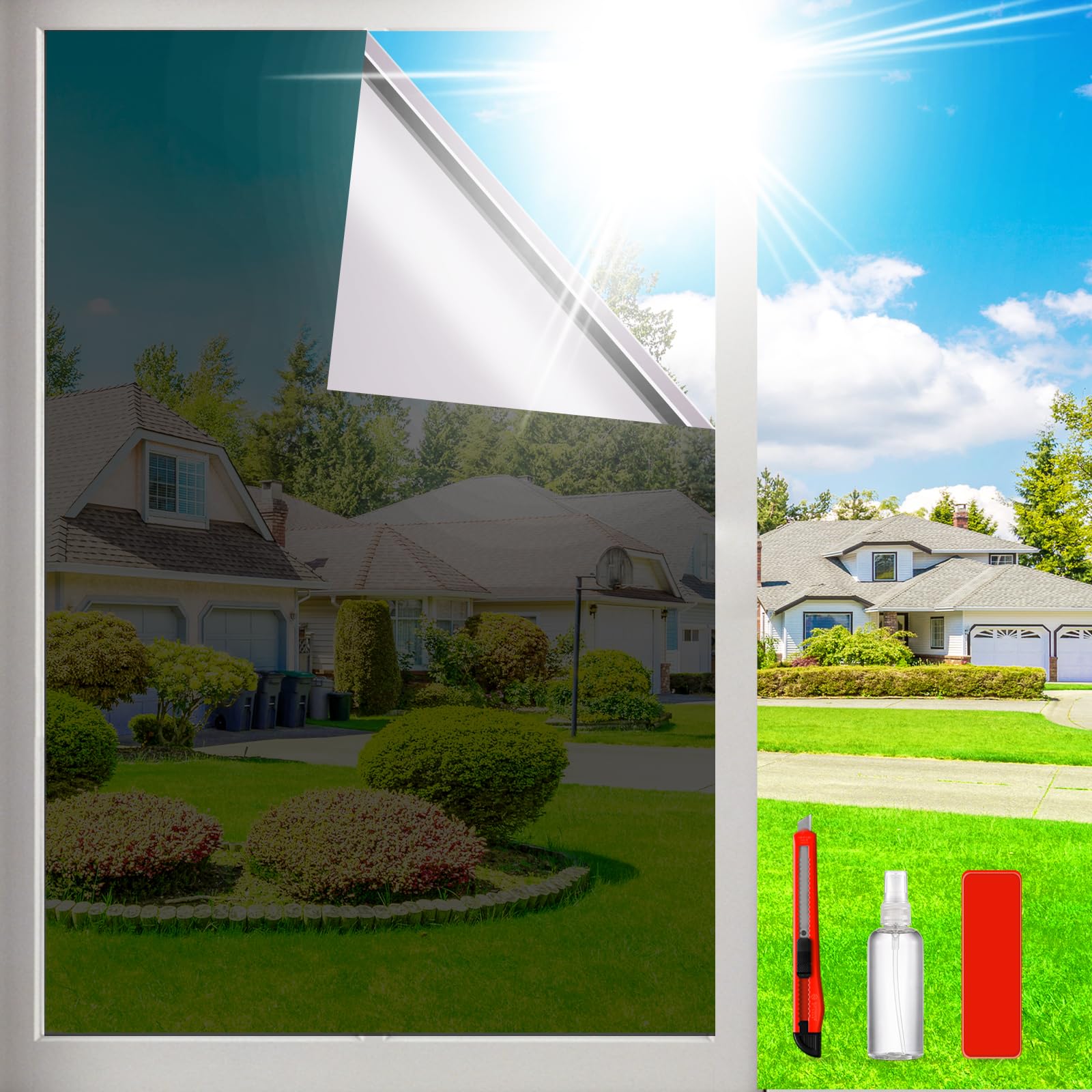 Photo 1 of One Way Privacy Window Film Sun Blocking, Heat Blocking Window Tint for Home See Out But Not in, Static Cling & Anti UV, Black-Silver,23.6 Inch x 78.74 Inch