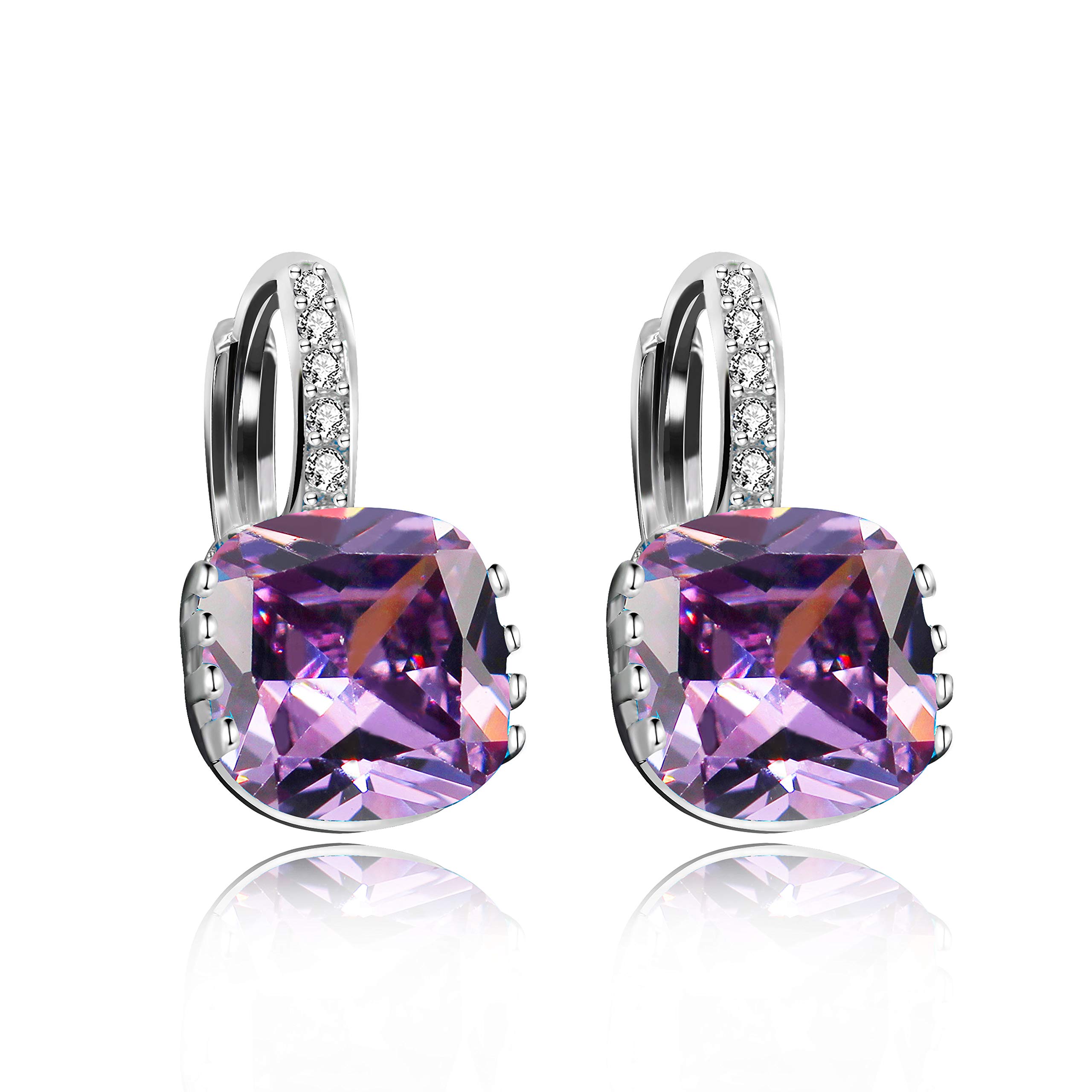 Uloveido Womens Platinum Plated Square Purple Crystal Hoop Earrings Simulated Amethyst Lever Back Earrings DML115