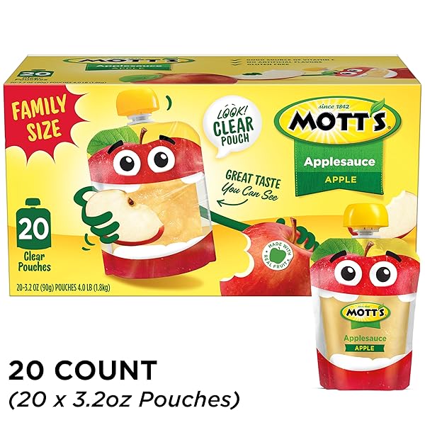 MOTT’S APPLESAUCE, MADE FROM REAL FRUIT, NO ARTIFICIAL FLAVORS, GOOD SOURCE OF VITAMIN C, 3.2 OZ CLEAR POUCHES, 20 PACK