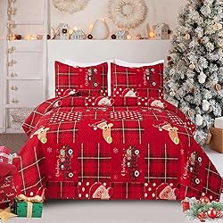 Christmas Quilt Set Twin Size Xmas Red Plaid Santa