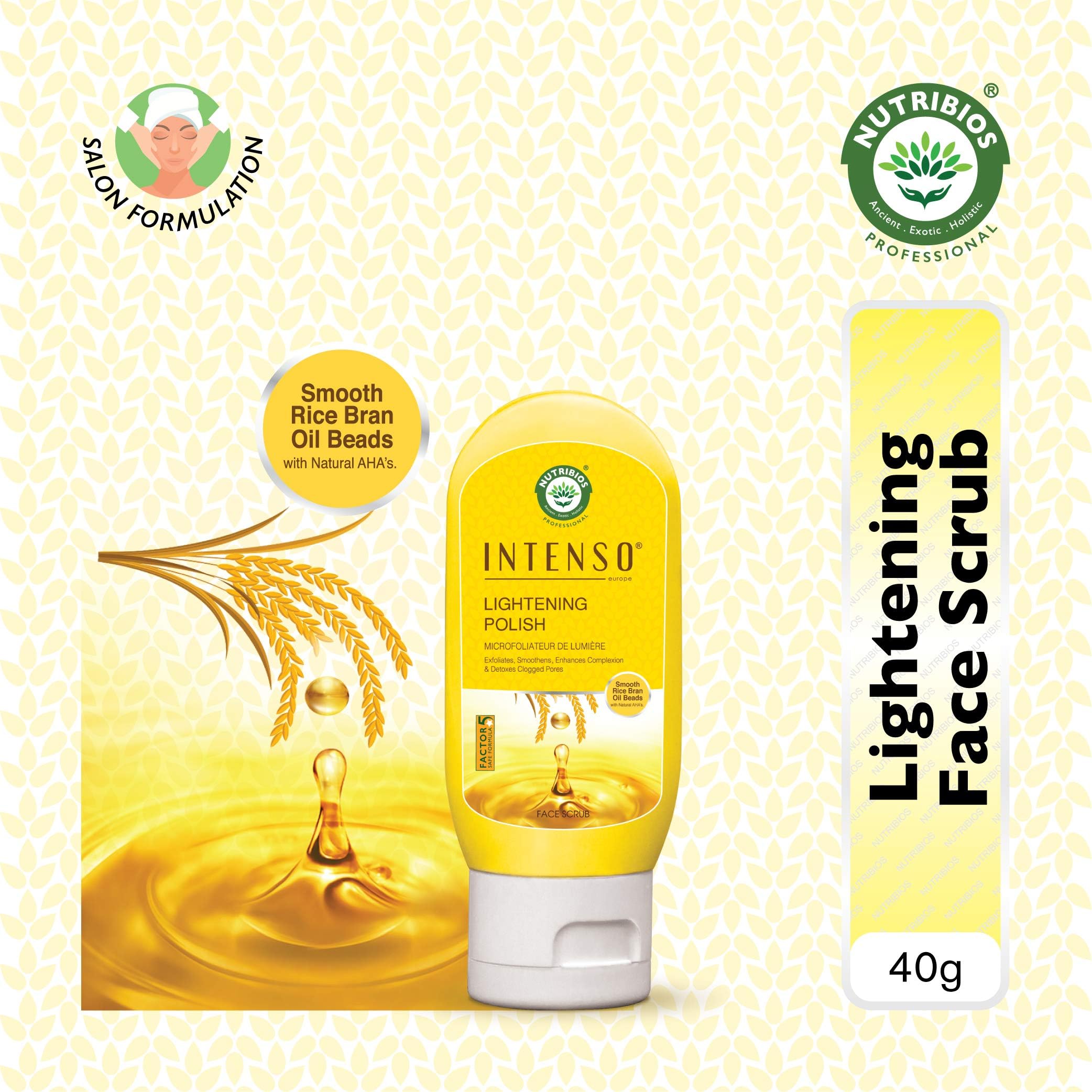Nutribios Intenso Lightening Polish Face Scrub - Skin Brightening Facial Scrub With Anti Tan Rice Bran Oil Beads That Exfoliate Dead, Dull Skin & Provides Clear, Radiant Skin 40 Gm