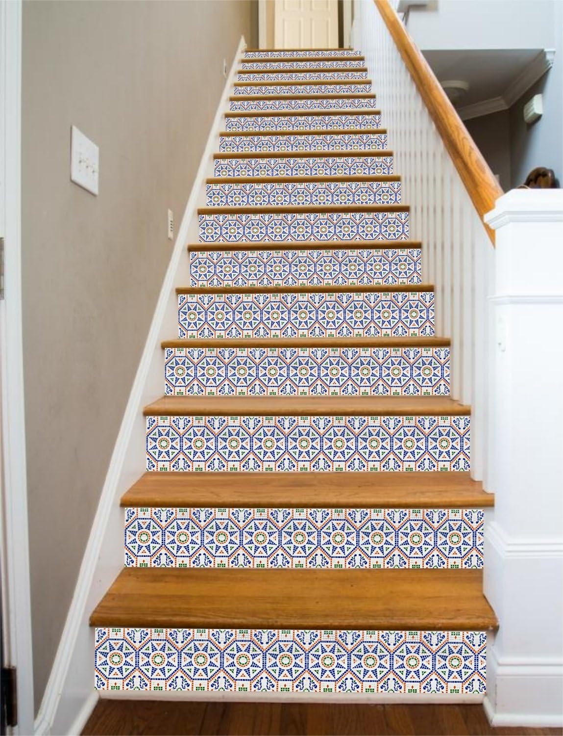 RiserArt Spanish Tile 40" x 15 Painted Stairway Decoration Adhesive Vinyl Stair Riser Panels Easy to Install and Removable