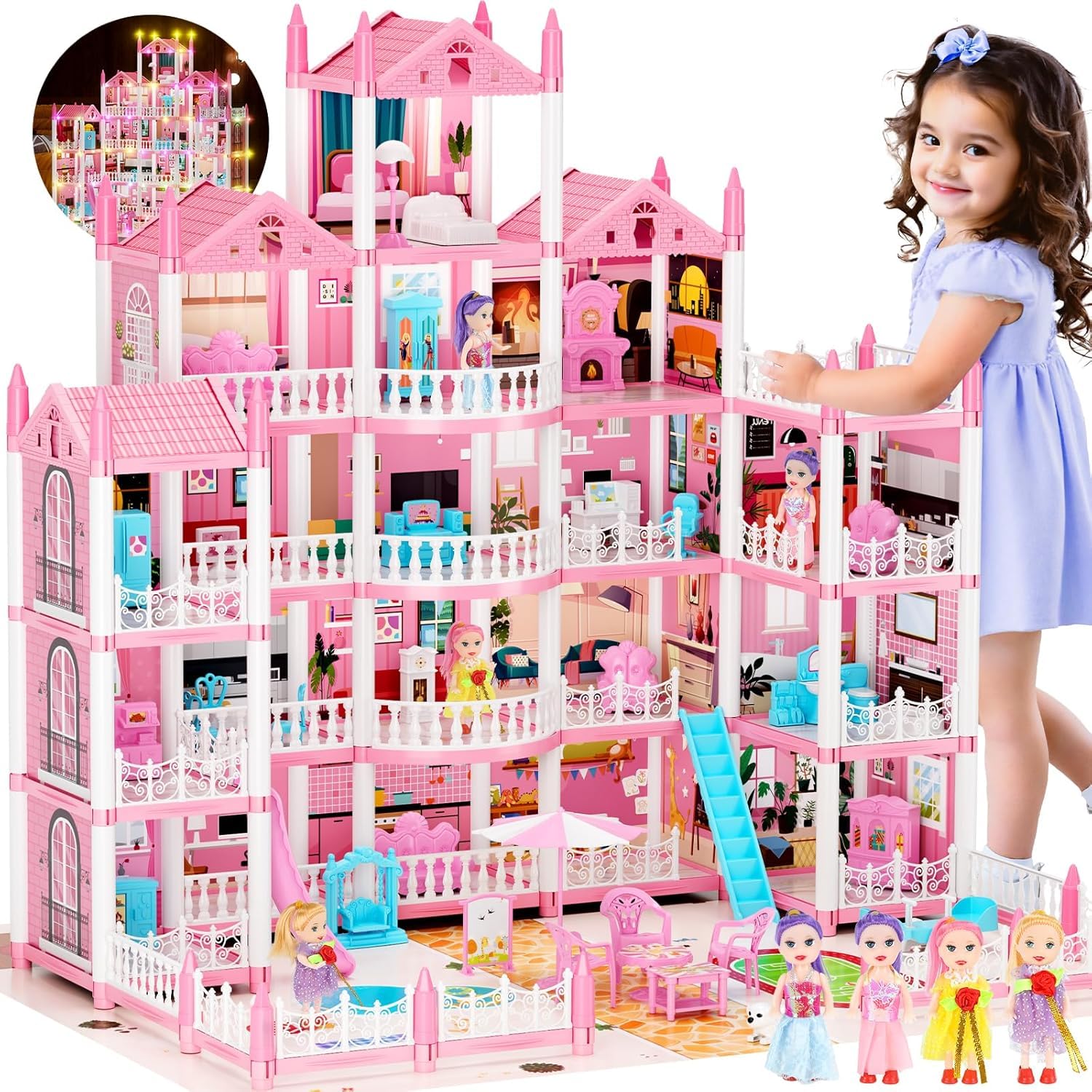 Dream Doll House for Girls with 5 Stories 19 Rooms, Dolls, Mat, LED Light, Furnitures, Accessories Toddler Dollhouse Gift for 3 4 5 6 7 8 9 10 Year Old Girls Toys