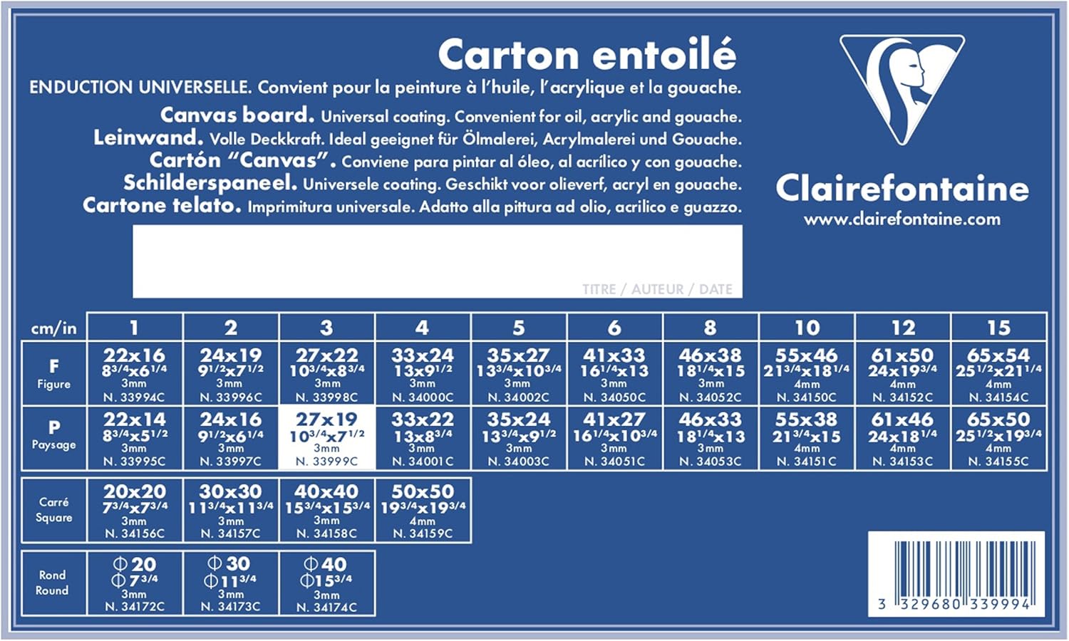 Clairefontaine, Ref 33999C, White Canvas Board (Landscape), 27 x 19cm, 3mm Thick, Made from 100% Cotton