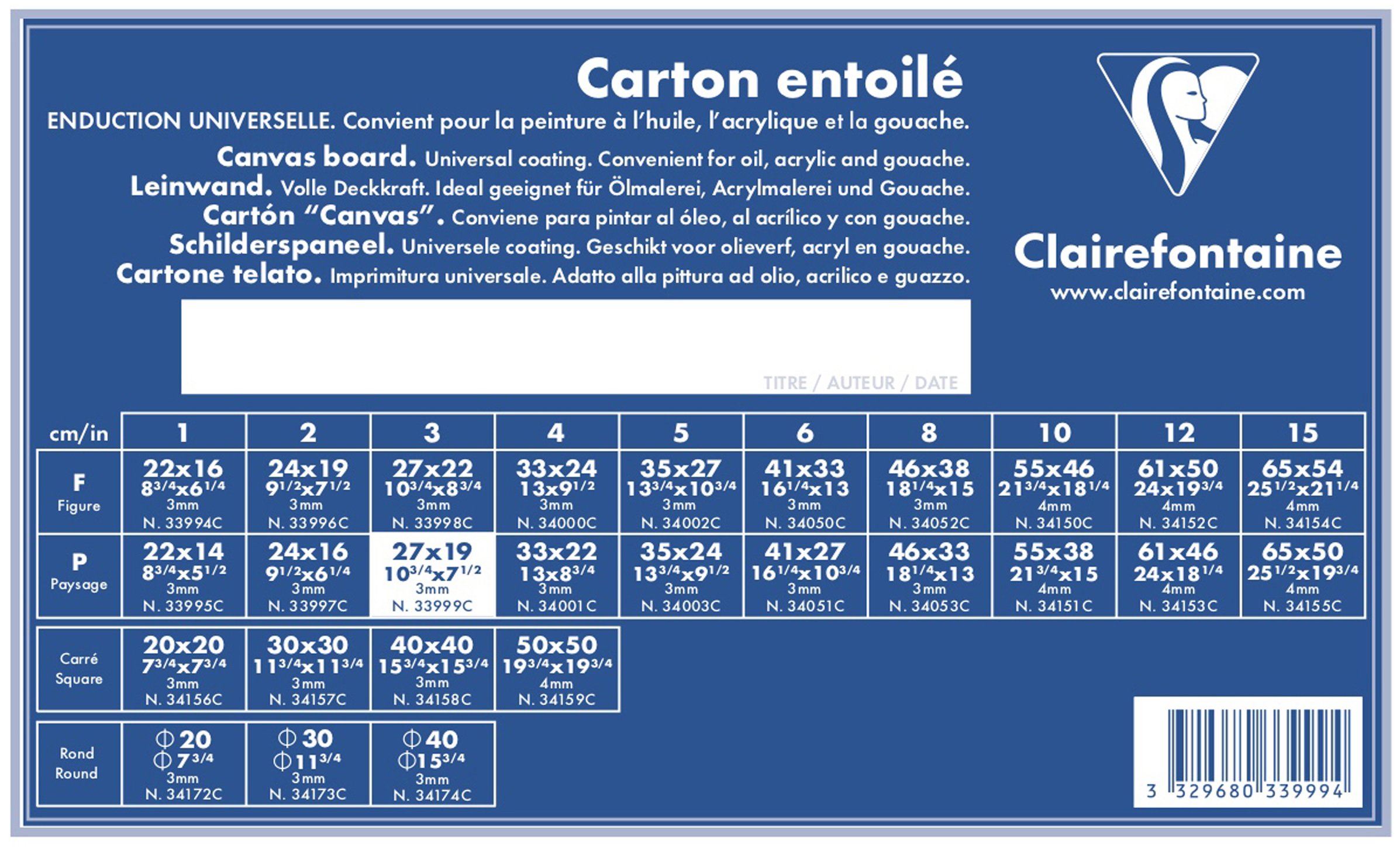 Clairefontaine - Ref 33999C - White Canvas Board (Landscape) - 27 x 19cm - 3mm Thick, Made from 100% Cotton, Suitable for Oil & Acrylic Paints, Acid Free Surface