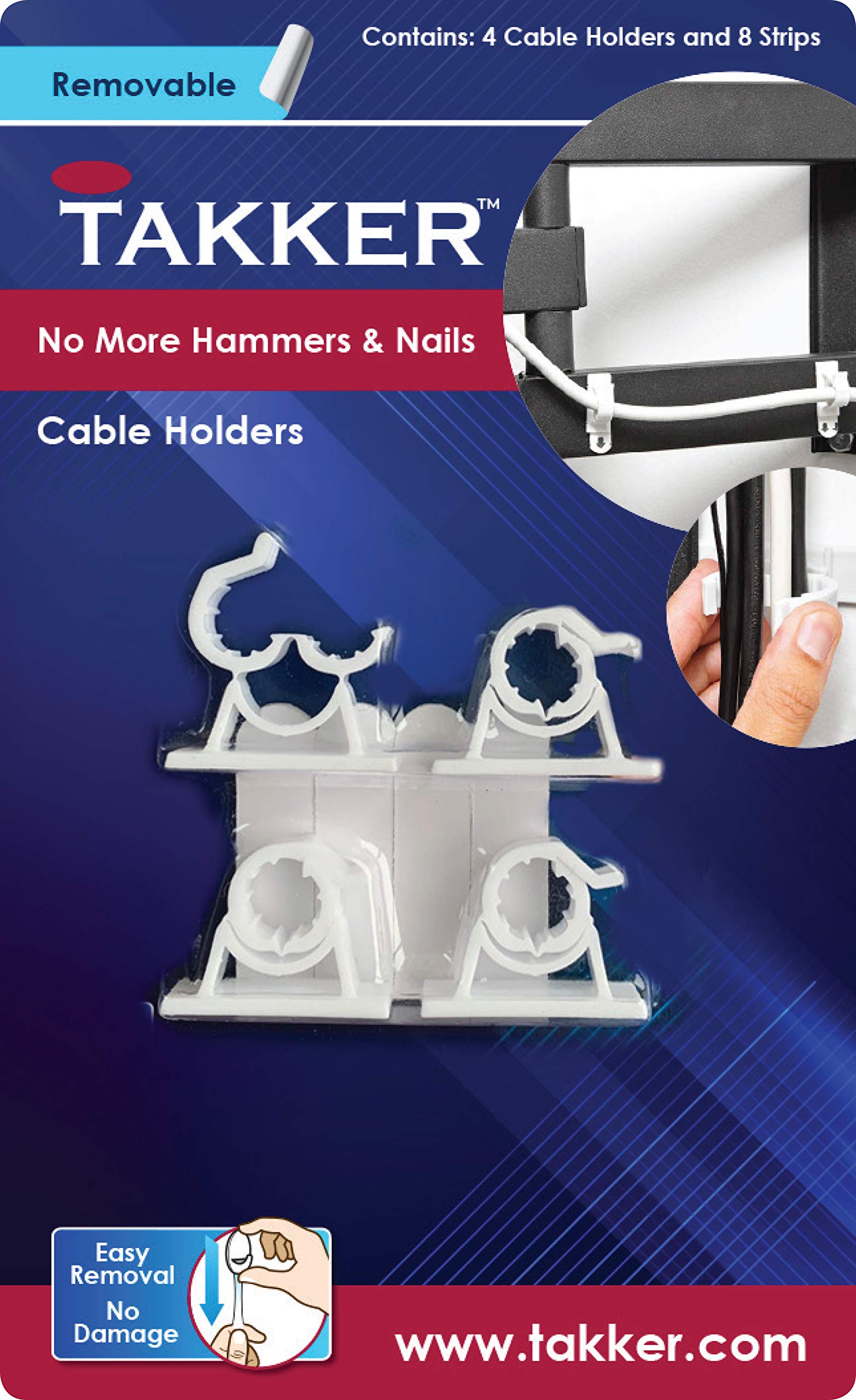 Takker - 4 x Cable Holder Tidy with 8 x Sticky Strips | Cable Hooks, Strong Adhesive, Easy Application, Damage-Free Removal, Re-Useable, No Sticky Residue, for Home, Bathroom, Kitchen, Walls