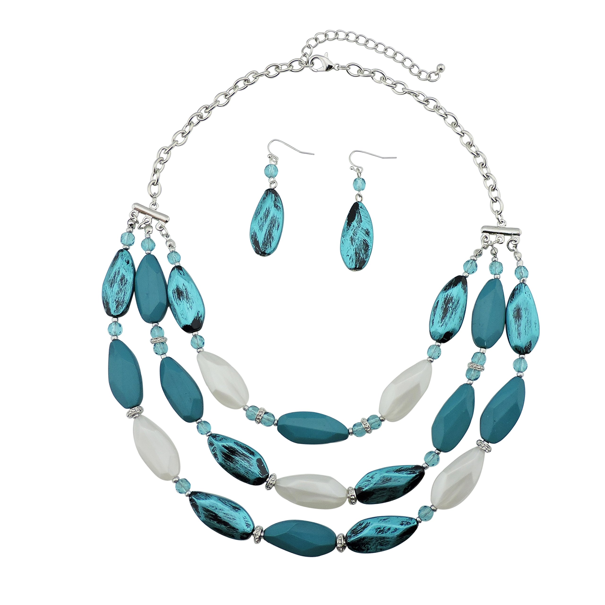 Bocar Layered Statement Bead Necklace and Earrings Teal Costume Jewellery Set for Women Gift (NK-10077-teal)