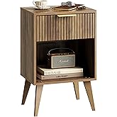 YAUKOMEL Fluted Night Stand with Opening Storage,Mid Century Bedside Table with Drawer,Wood Nightstand with Legs,End Table Side Table for Living Room,Bedroom,Caramel Oak 11.8"Dx15.7Wx 25.2"H CTG56BR
