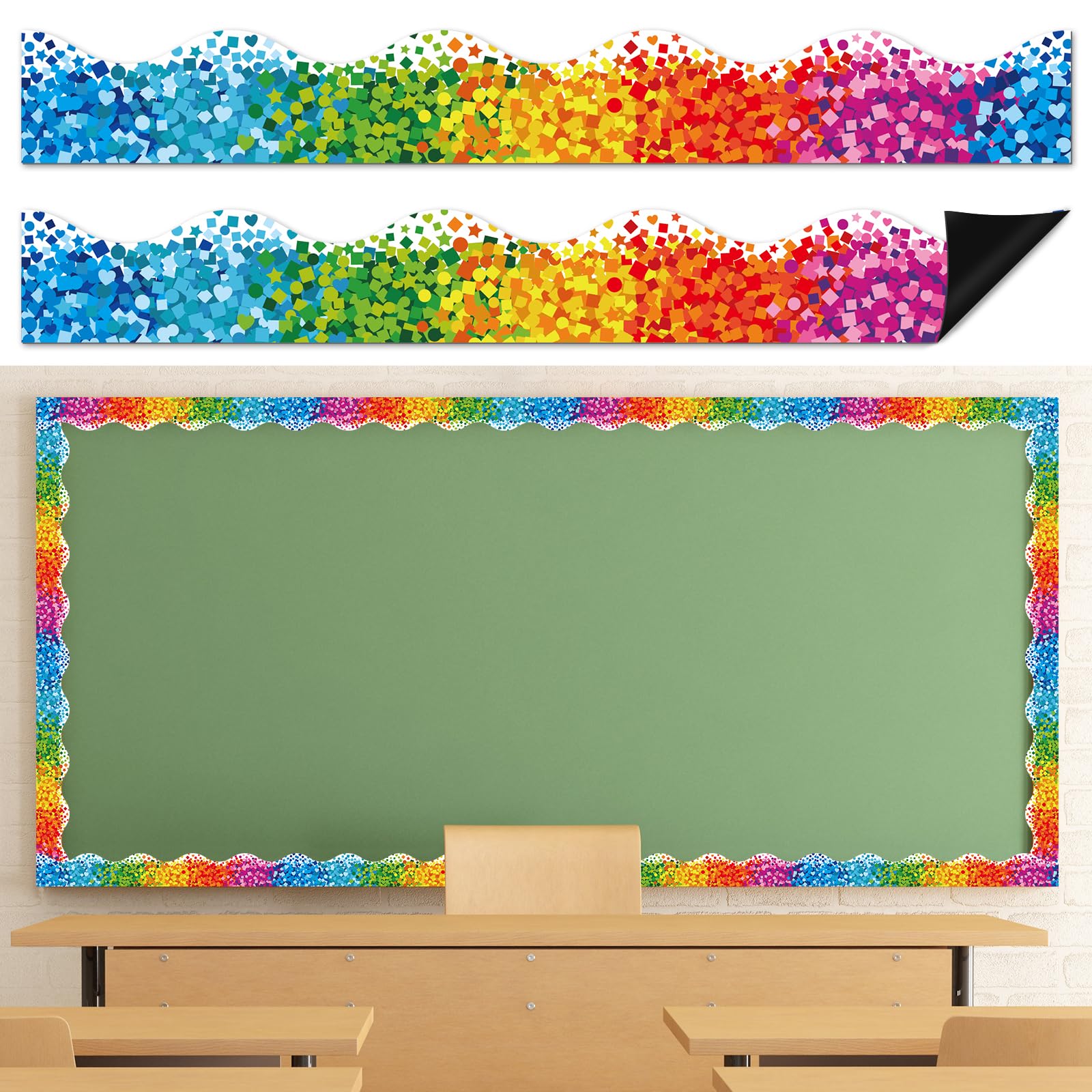 Photo 1 of 24Pcs Confetti Magnetic Bulletin Board Borders for Classroom Decorations Whiteboard Strips Colorful Scalloped Trim Magnetic Borders for Back to School Teacher Supplies Office Door Chalkboard Decor