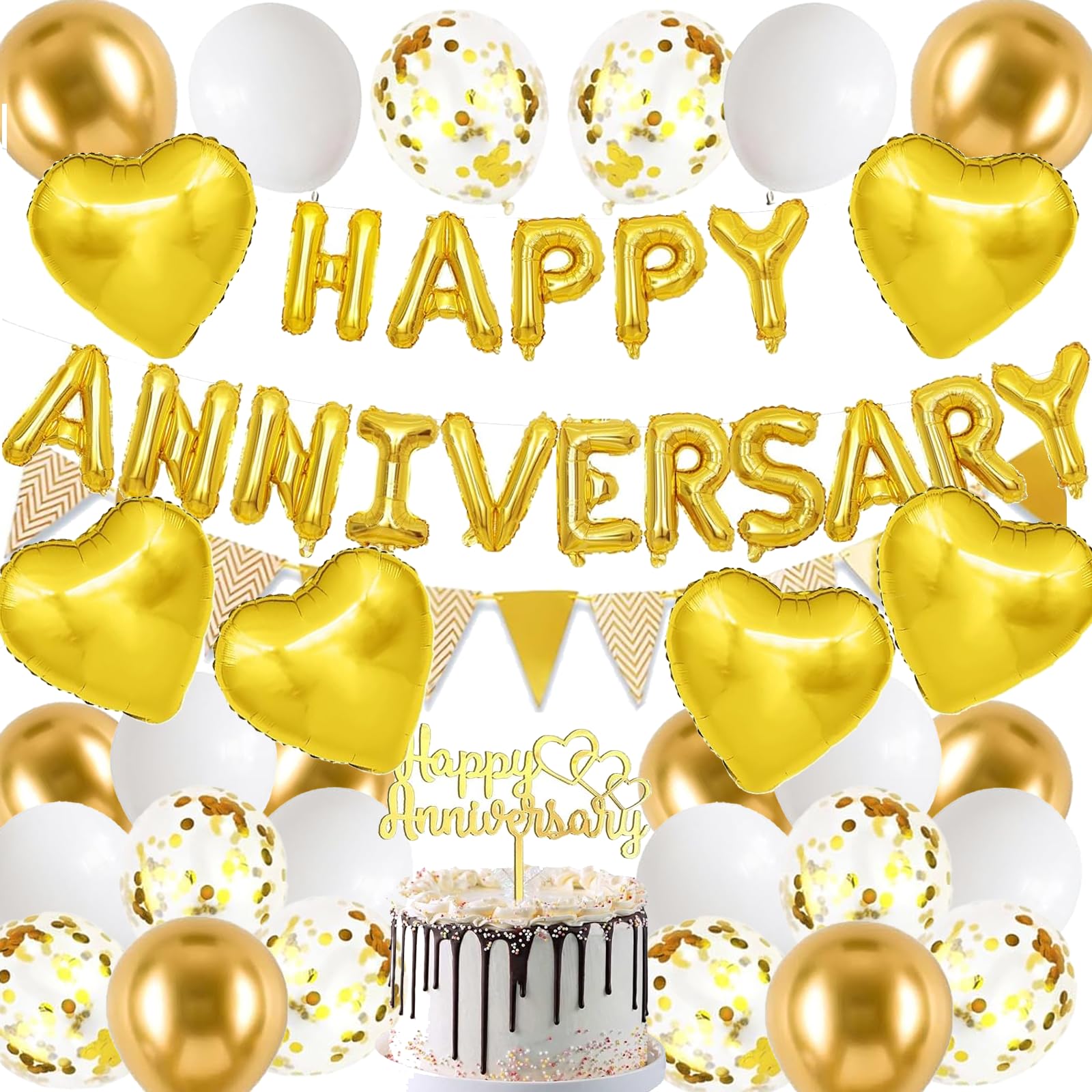 Happy Anniversary Decorations, 48Pcs Gold Romantic Wedding Decoration Set with Heart Foil Balloon, Confetti Latex Balloons for Valentines Day Proposal Confession Wedding Anniversary Party — image 1