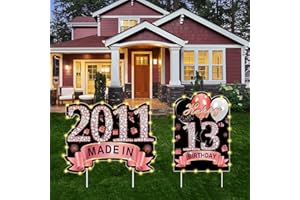 PUYRUIV 2Pcs Rose Gold 13th Birthday Yard Sign Decoration with String Lights for Girl,Happy 13th Birthday Made in 2011 Lawn Sign Party Supplies, Thirteen Year Old Birthday with Lights Yard Decor Stakes